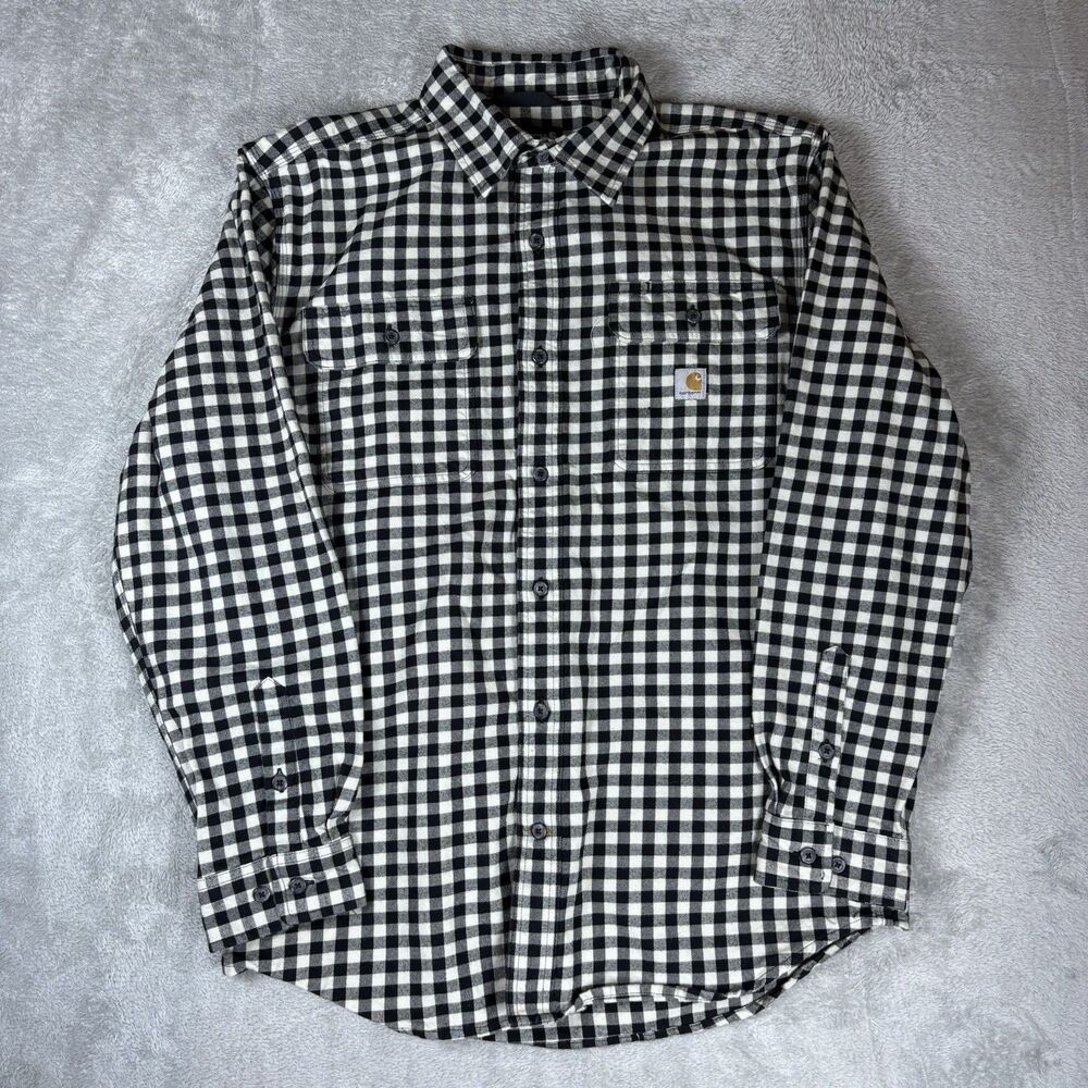 Carhartt Men Medium Black White Check Flannel Loose Fit Long Sleeve Button Shirt